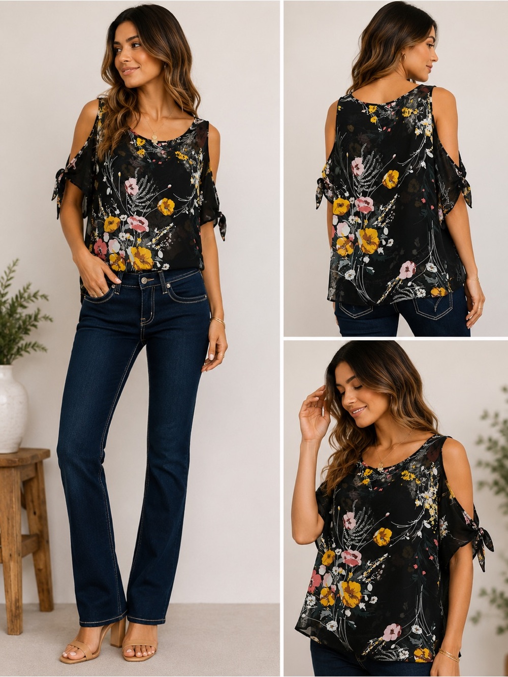 Jeans by Buffalo Women’s Floral Cold Shoulder Blouse Black Sheer Size Small